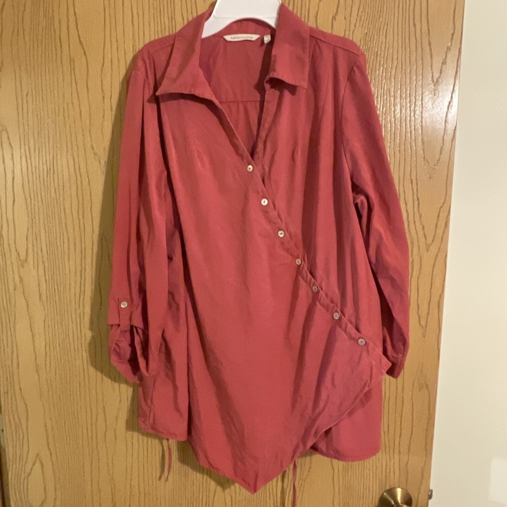 Women's Soft Surroundings Chambray Blouse Button Down 3/4 Sleeve Red Size PXL